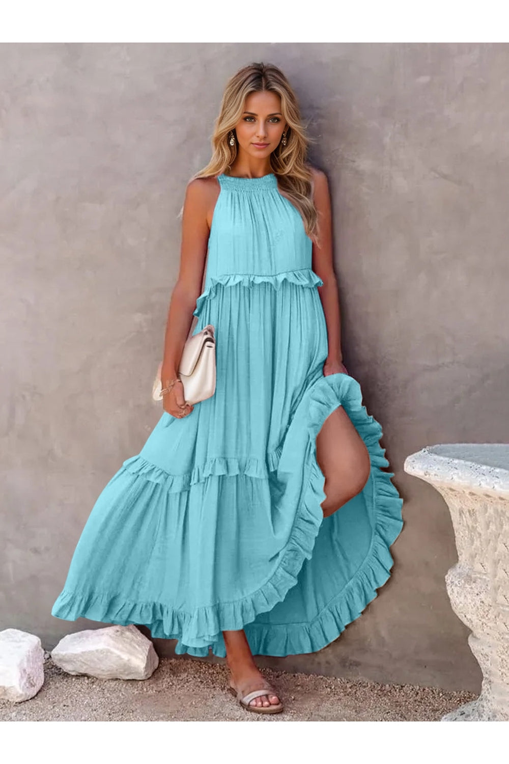 Ruffled Sleeveless Tiered Maxi Dress with Pockets