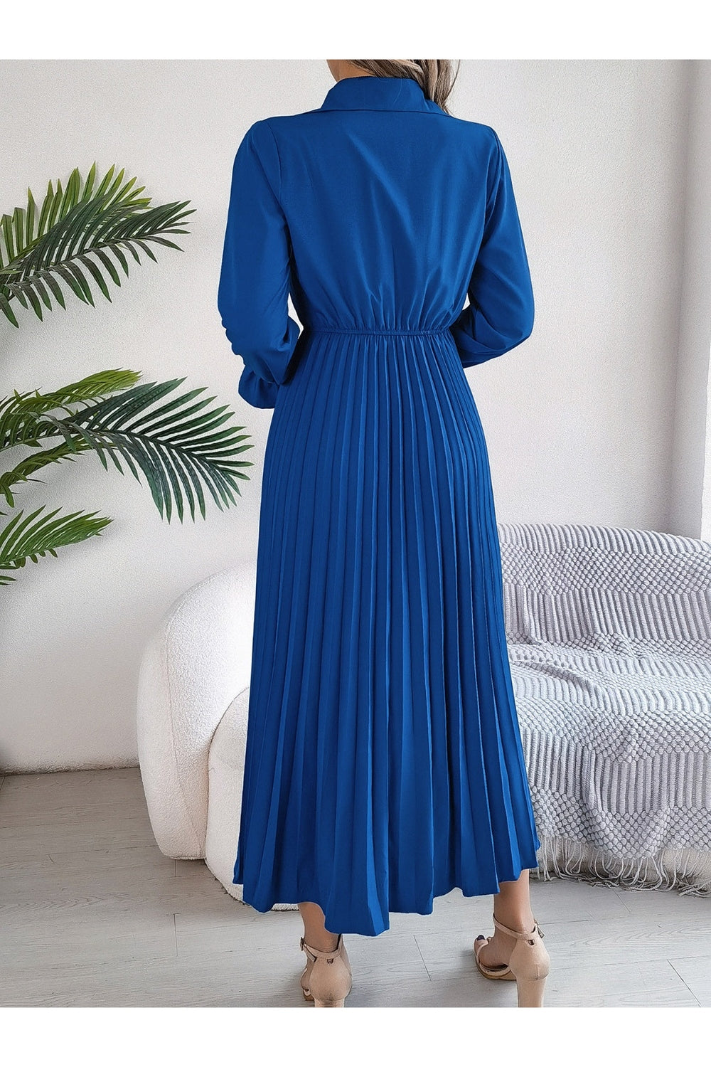 Pleated Half Button Long Sleeve Midi Dress