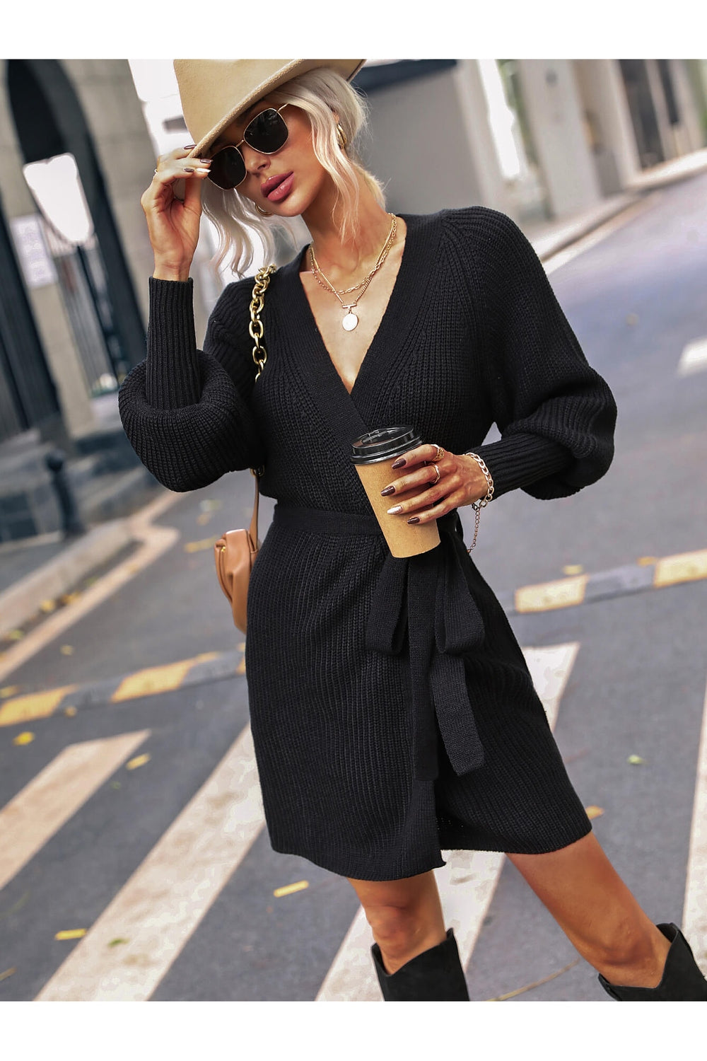 Belted Surplice Lantern Sleeve Wrap Sweater Dress