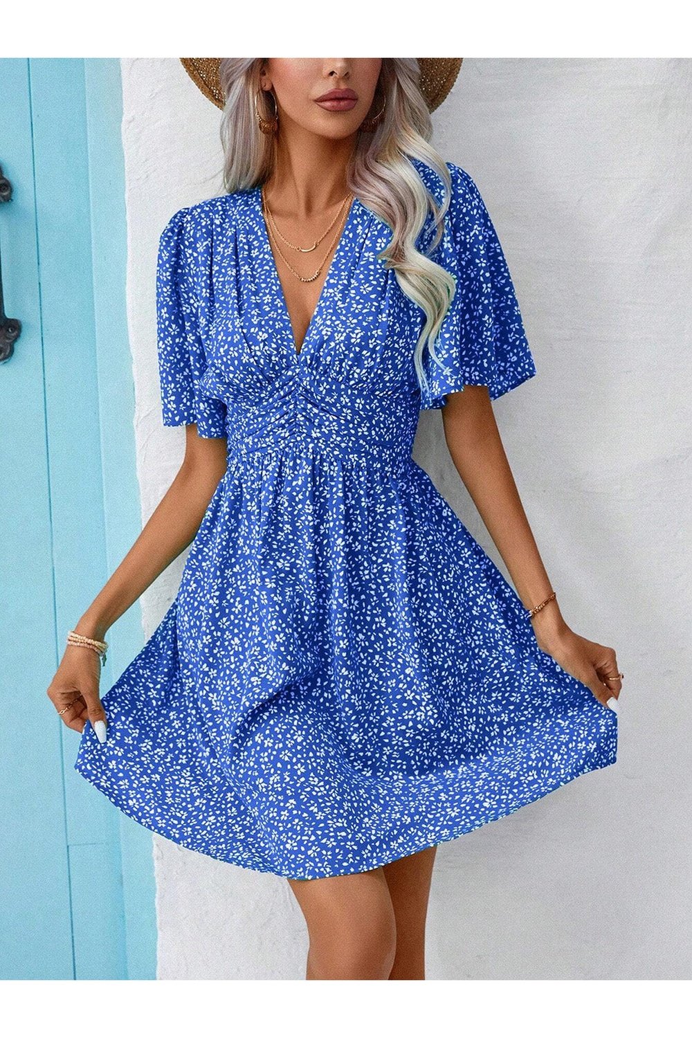 Printed V-Neck Half Sleeve Mini Dress