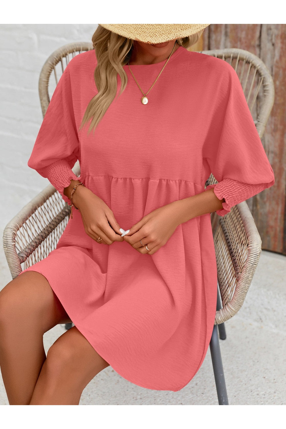 Round Neck Lantern Sleeve Mini Dress