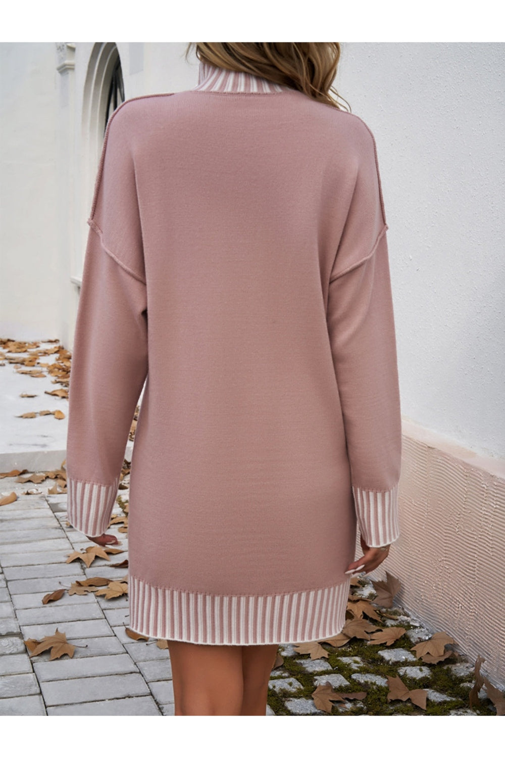 Striped Mock Neck Long Sleeve Sweater Dress