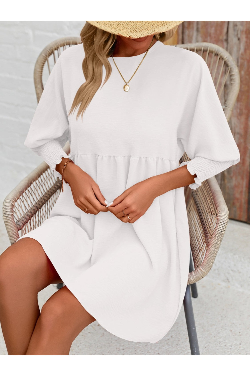 Round Neck Lantern Sleeve Mini Dress