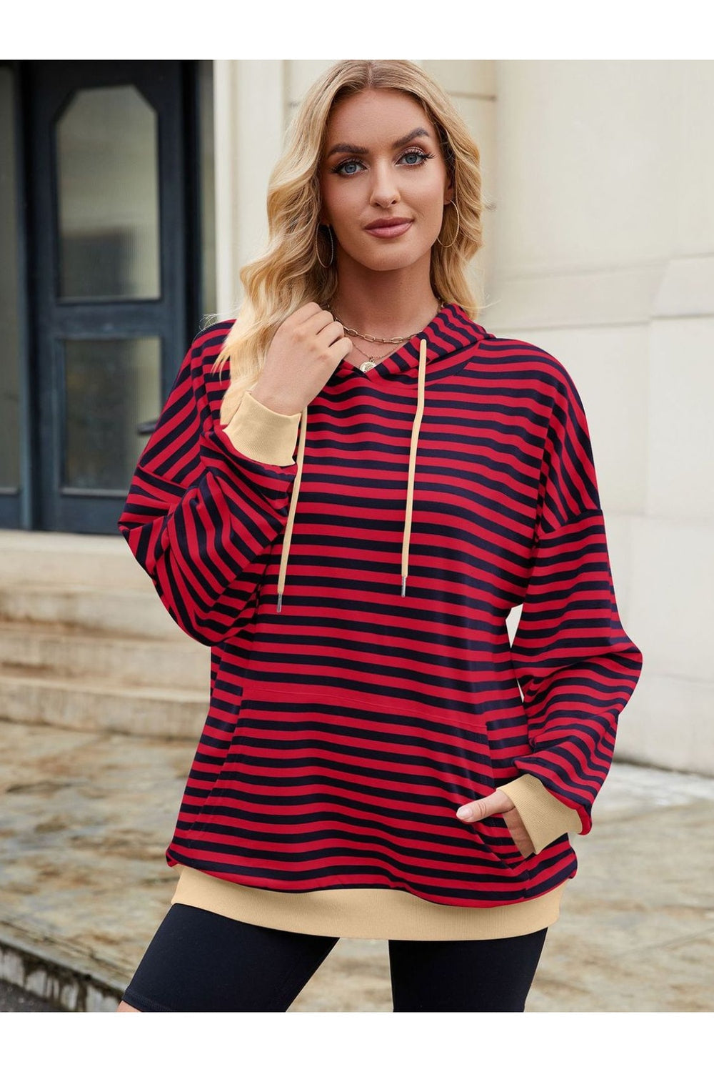 Drawstring Contrast Striped Long Sleeve Hoodie