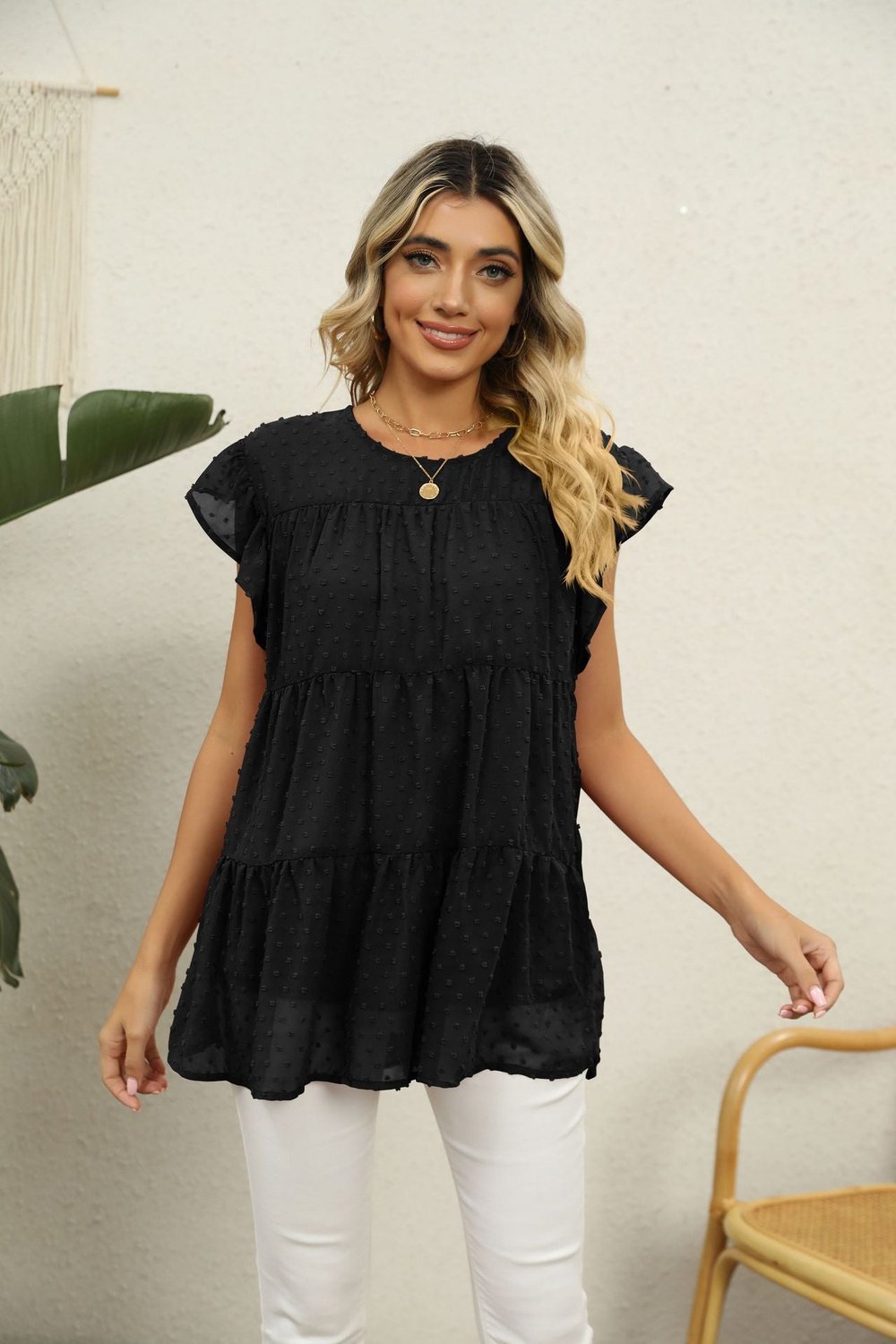 Swiss Dot Round Neck Tiered Blouse