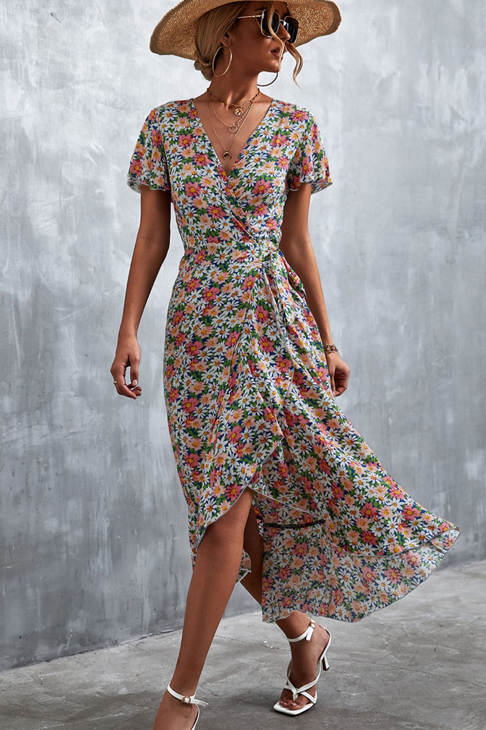 Floral Surplice Neck Tied Midi Dress