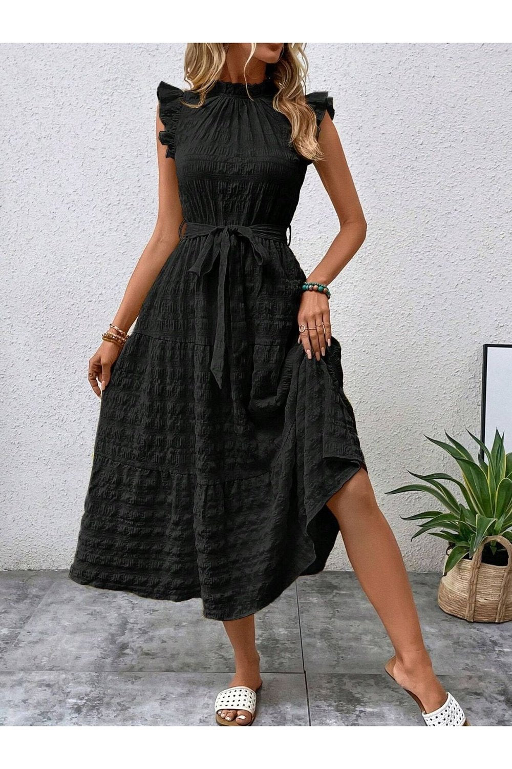 Tied Ruffled Cap Sleeve Midi Dress