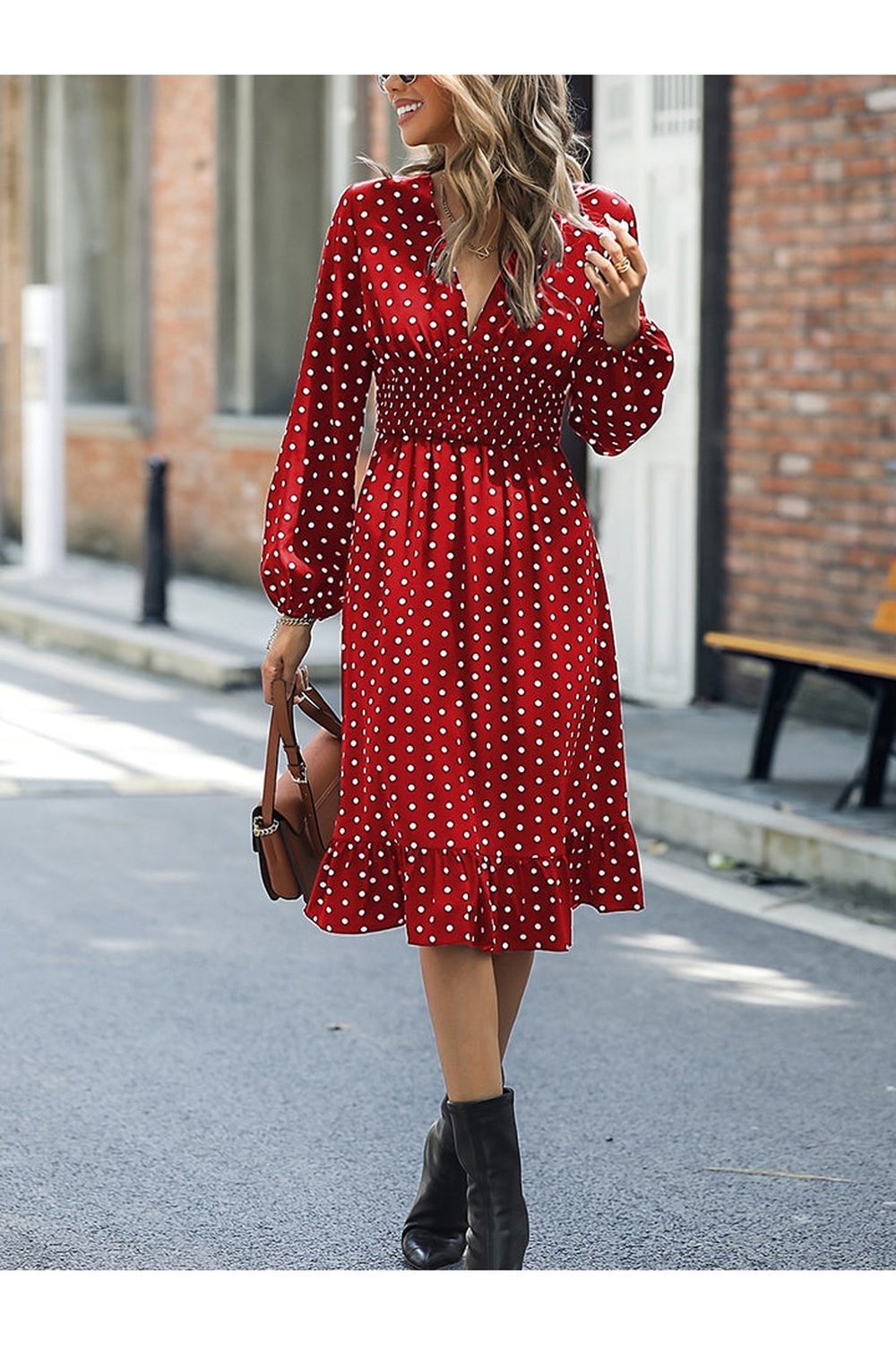 V-Neck Long Sleeve Ruffle Hem Dress