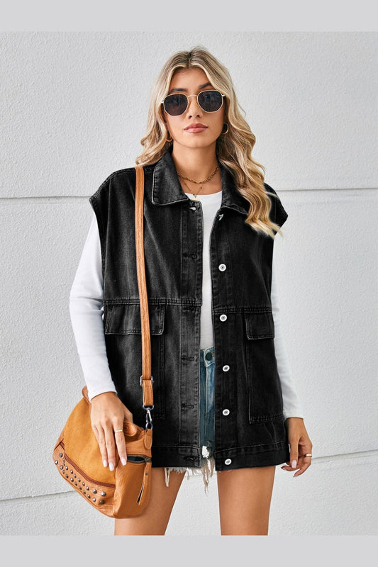 Pocketed Button Up Sleeveless Denim Jacket