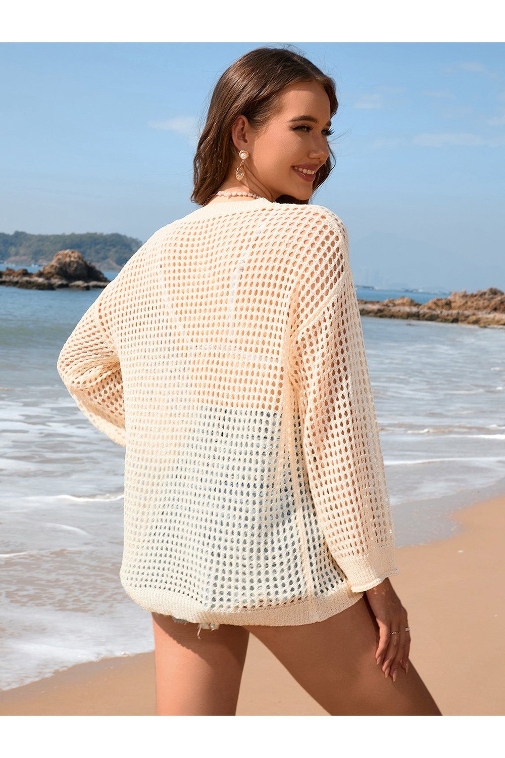 Openwork Dropped Shoulder Long Sleeve Cover-Up