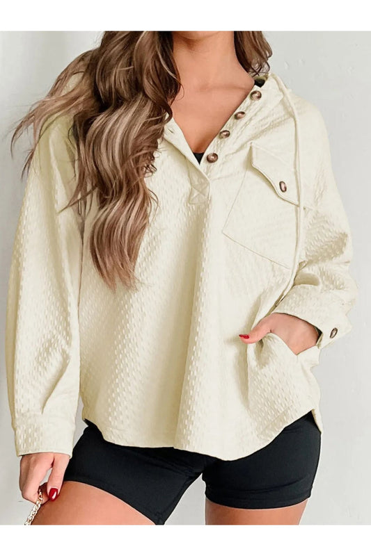 Drawstring Half Button Long Sleeve Hoodie