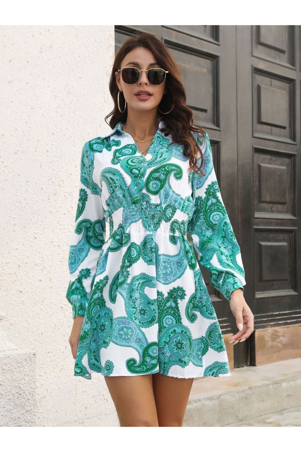 Paisley Print Johnny Collar Smocked Dress