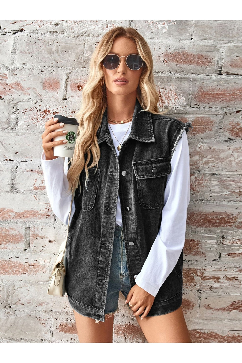 Raw Hem Sleeveless Button Up Denim Jacket