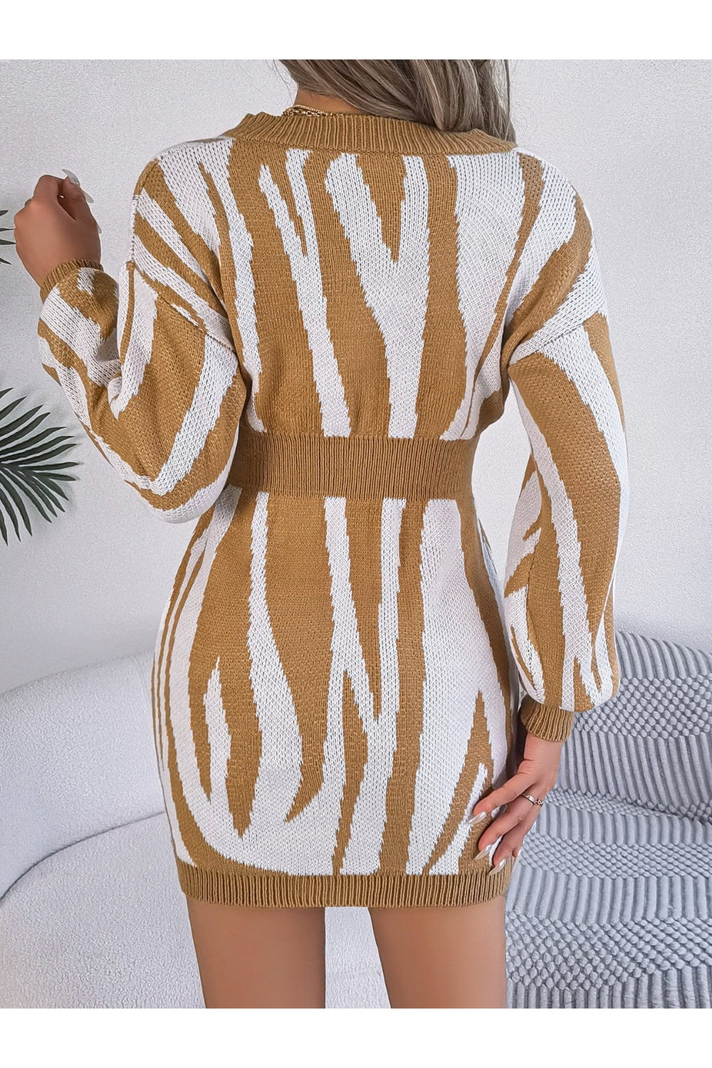 Animal Print V-Neck Long Sleeve Sweater Dress