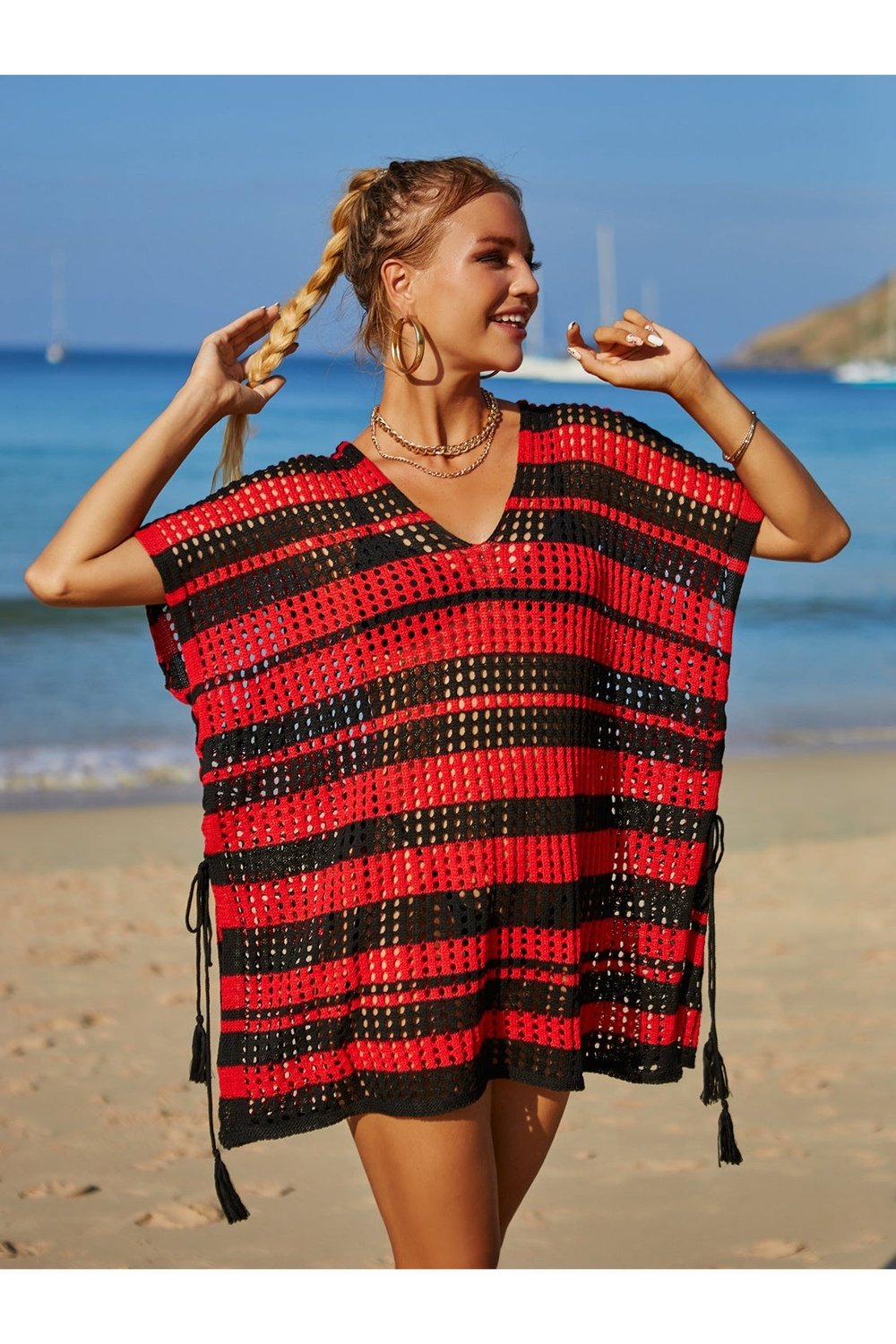 Tassel Openwork Striped V-Neck Cover Up