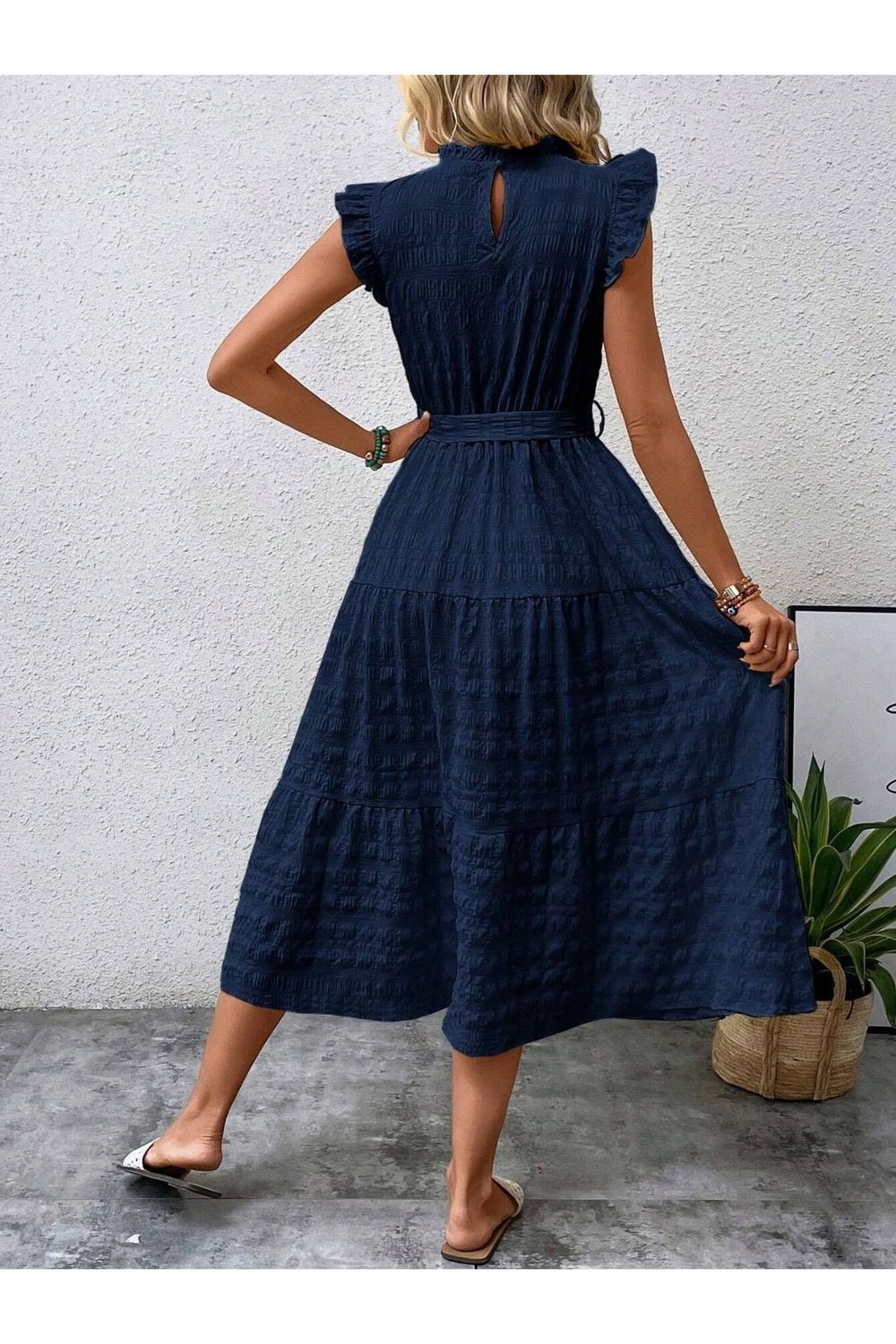 Tied Ruffled Cap Sleeve Midi Dress