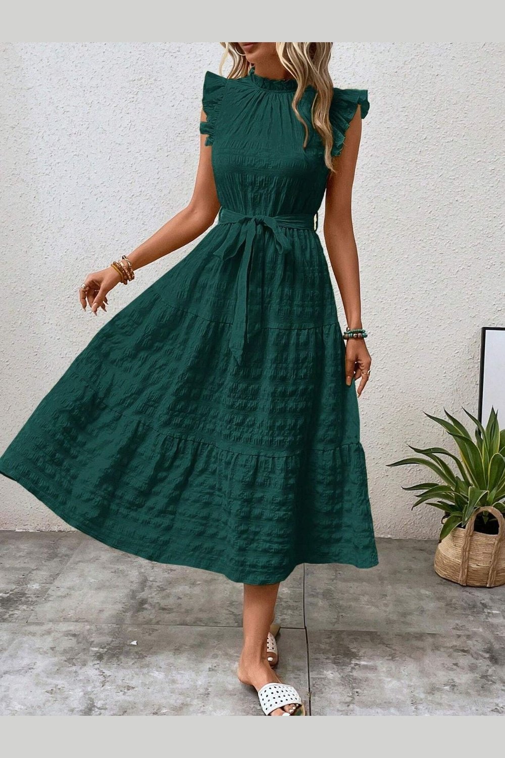 Tied Ruffled Cap Sleeve Midi Dress