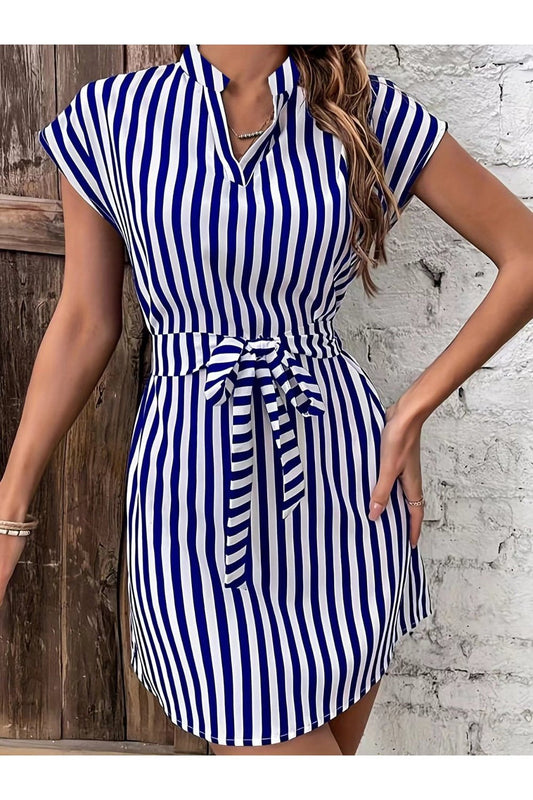 Tied Striped Cap Sleeve Mini Dress