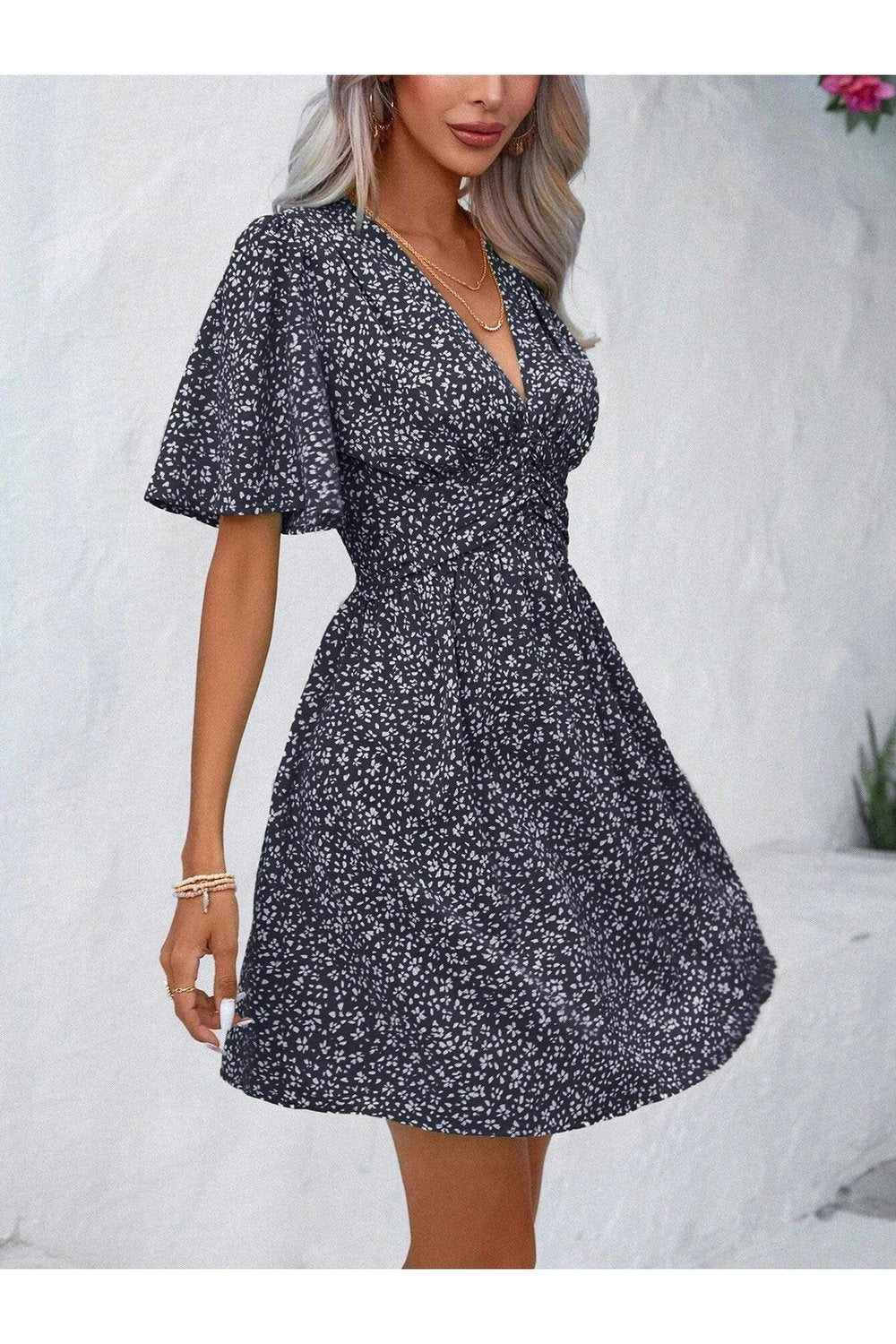 Printed V-Neck Half Sleeve Mini Dress