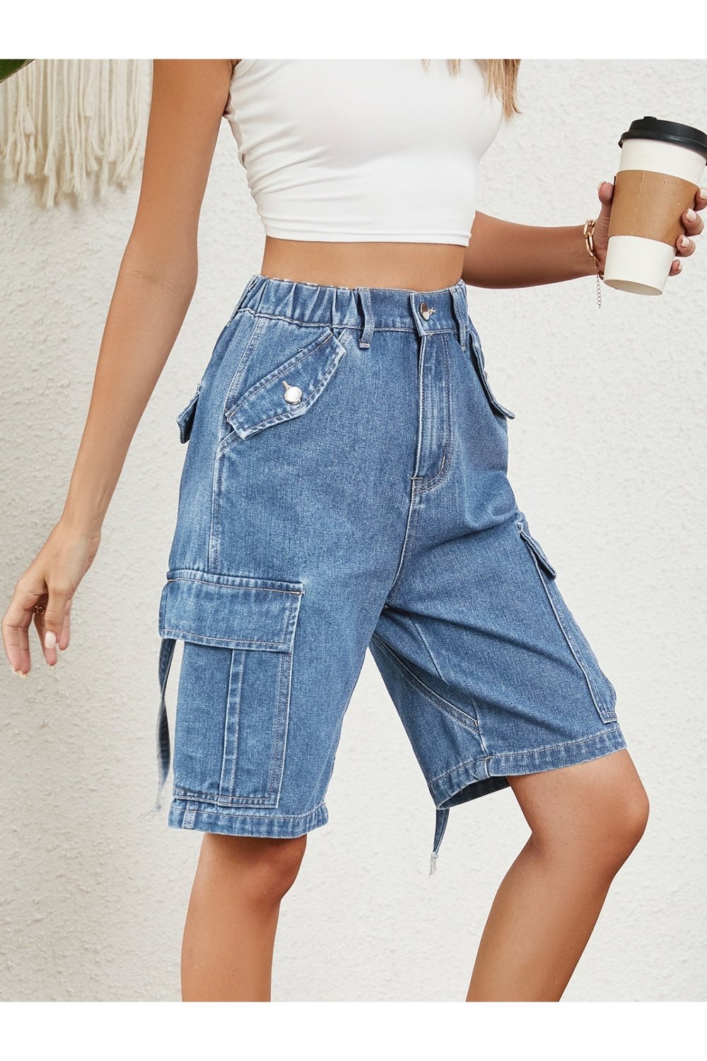 High Waist Denim Shorts with Pockets