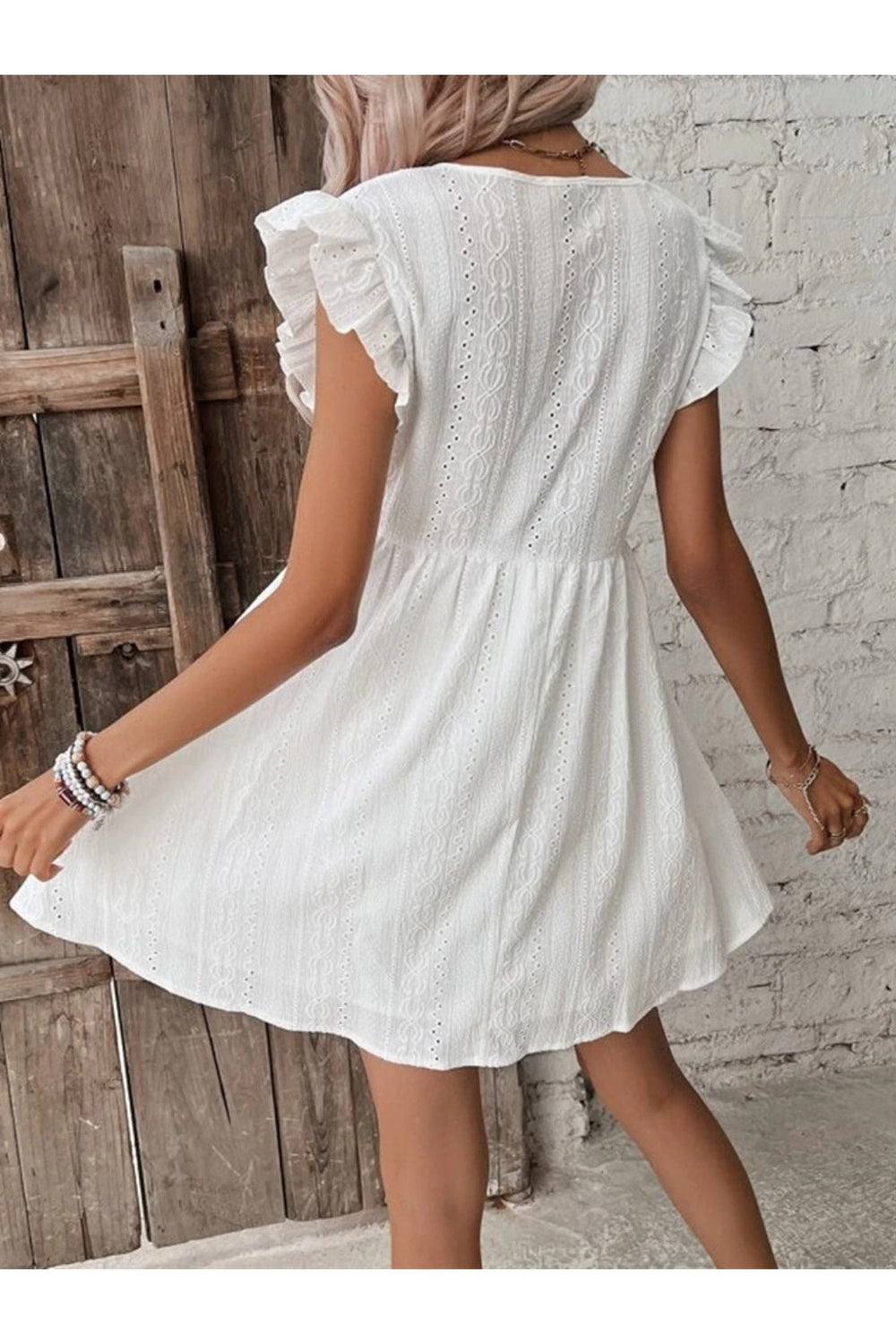 Eyelet Ruffled Cap Sleeve Mini Dress