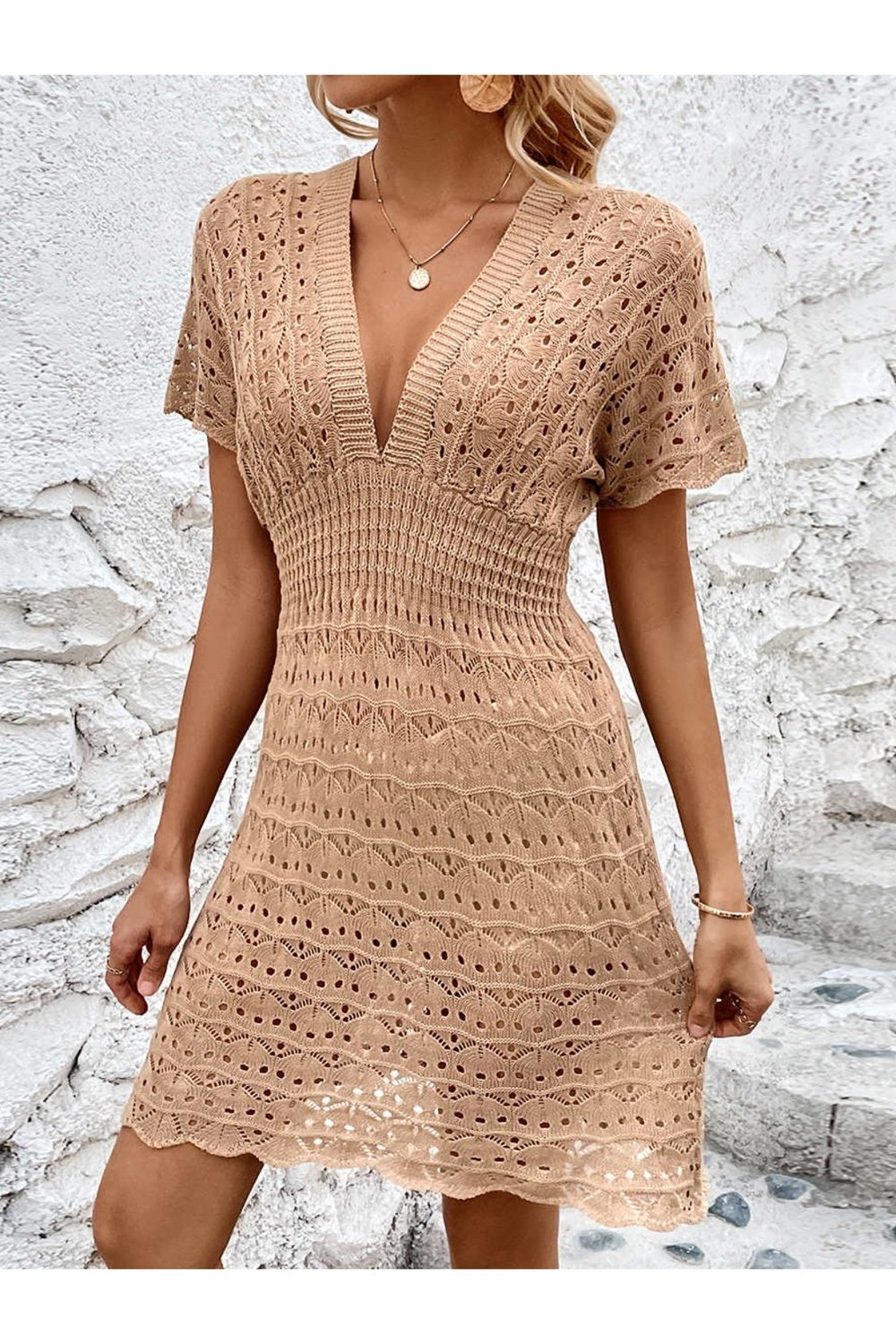 Openwork Plunge Short Sleeve Cover-Up Dress