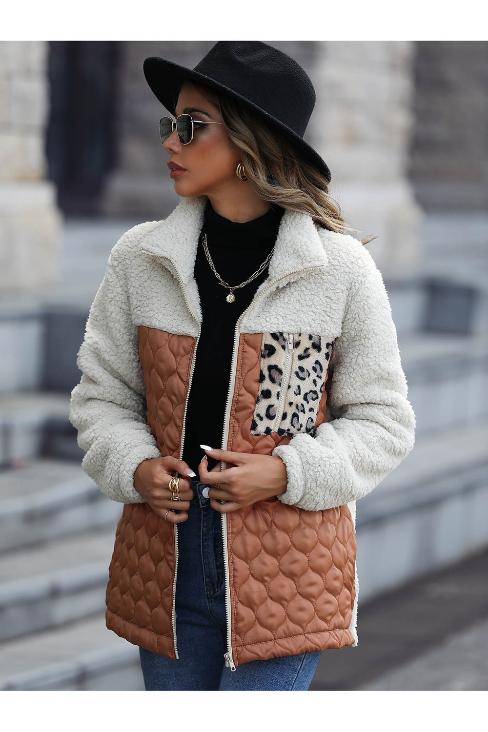 Leopard Color Block Zip Up Sherpa Jacket