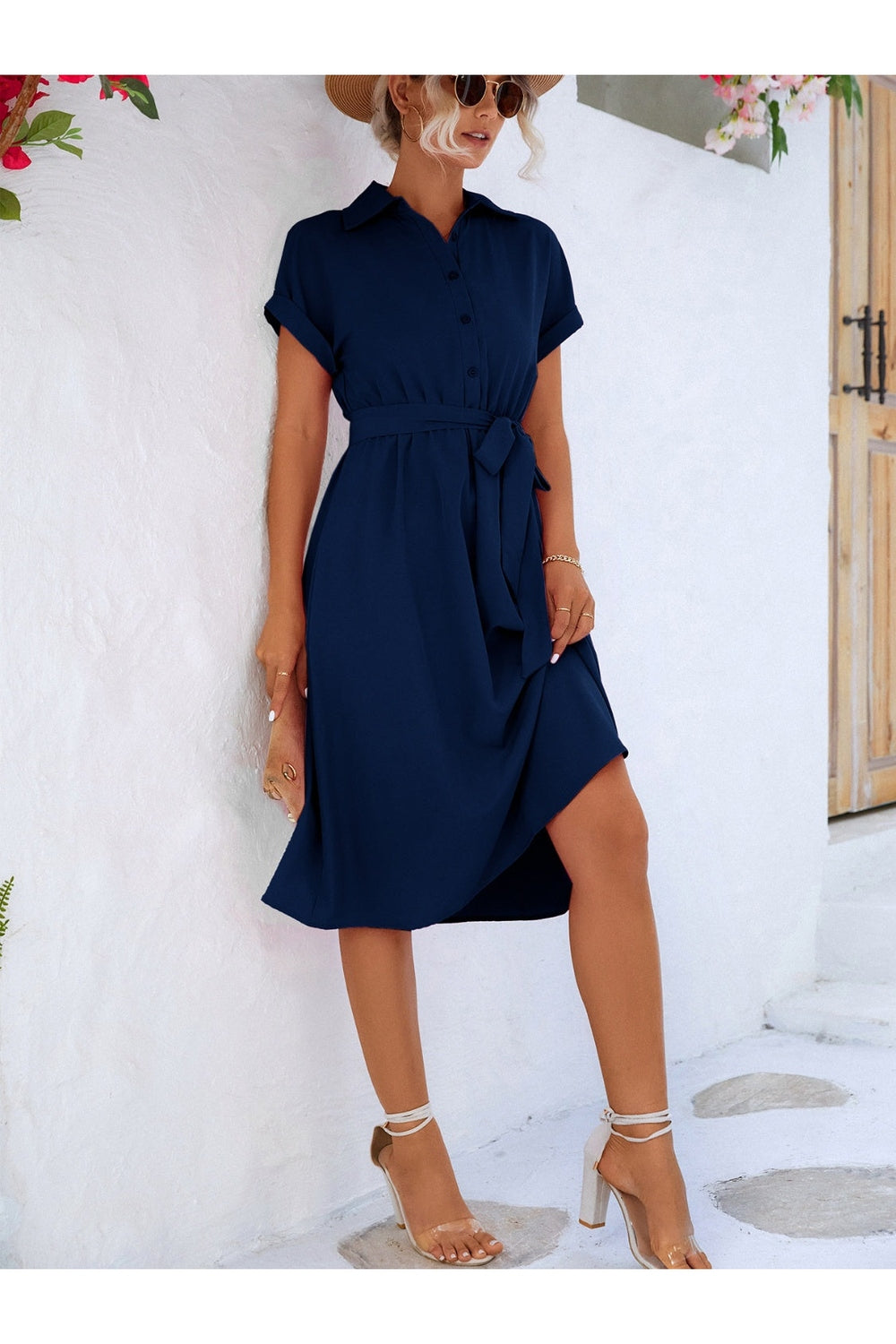 Buttoned Tie Waist Short Sleeve Dress