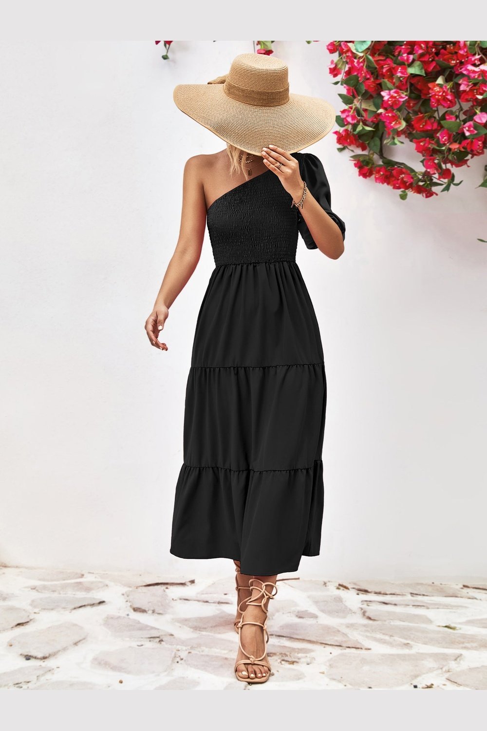 Smocked One-Shoulder Midi Dress