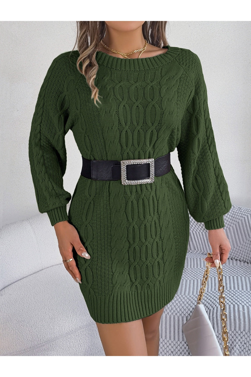 Cable-Knit Round Neck Sweater Dress