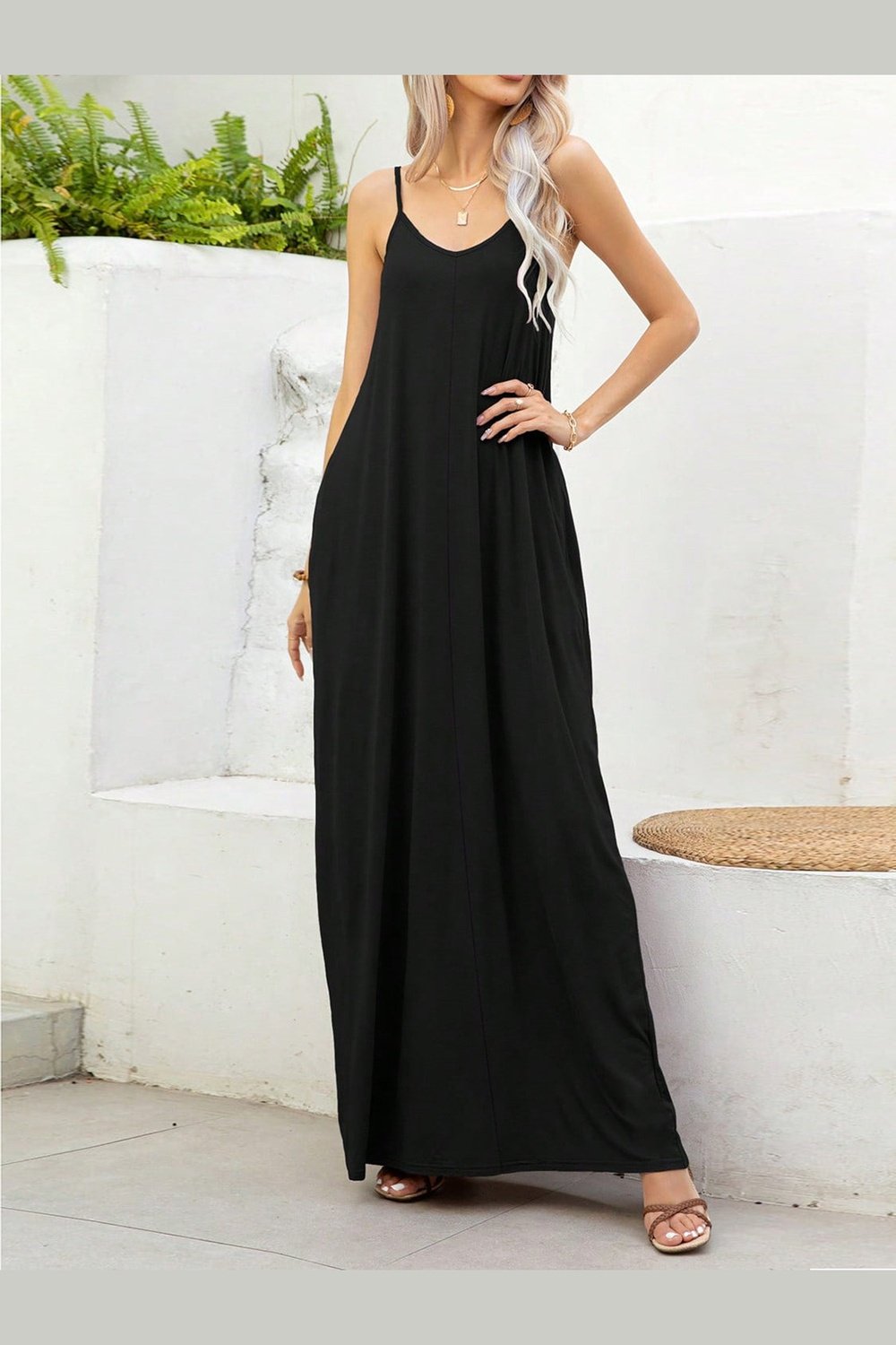 V-Neck Maxi Cami Dress with Pockets