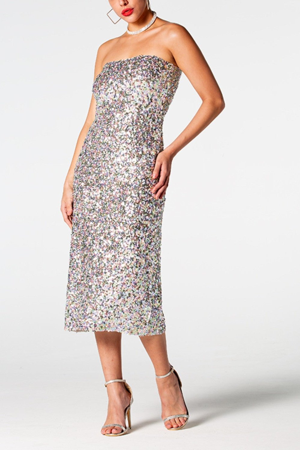 Sequin Straight Neck Midi Wrap Dress