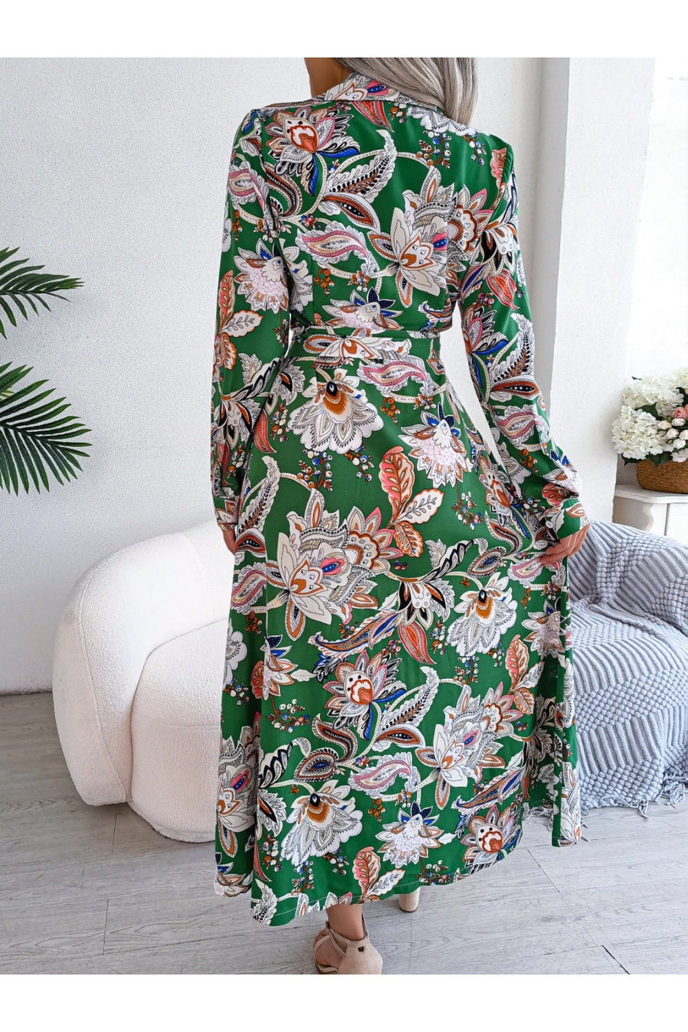 Tied Printed Long Sleeve Midi Dress