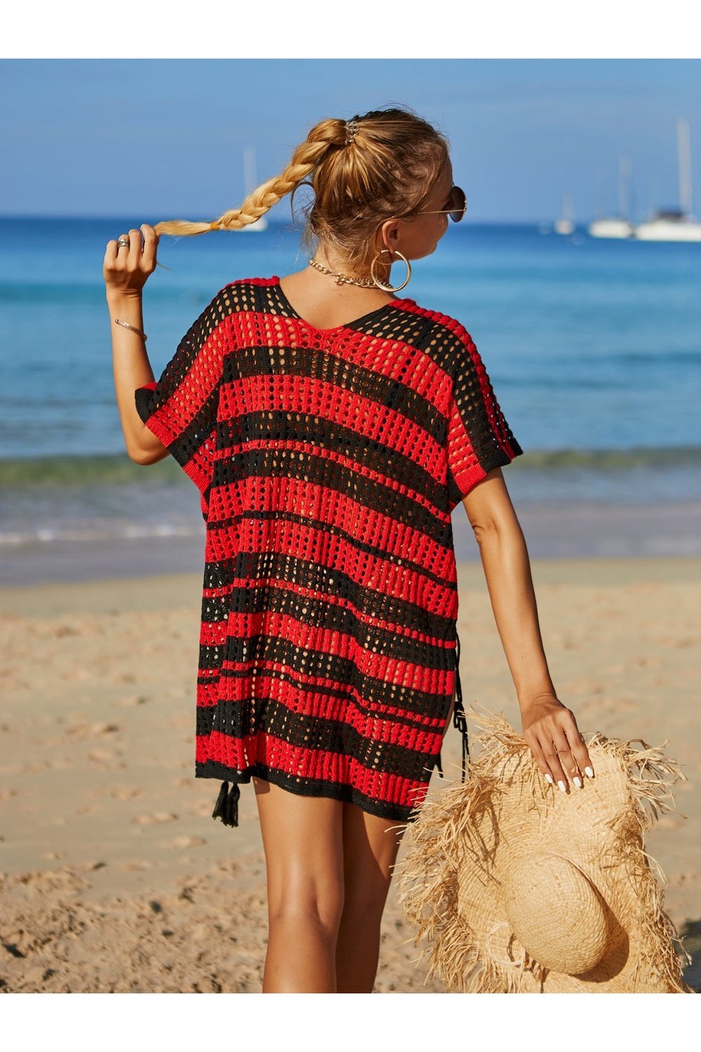 Tassel Openwork Striped V-Neck Cover Up