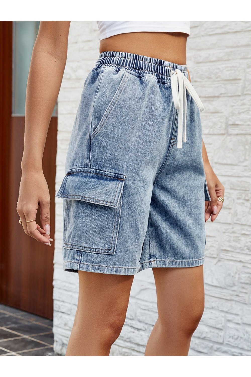 Drawstring Denim Shorts with Pockets