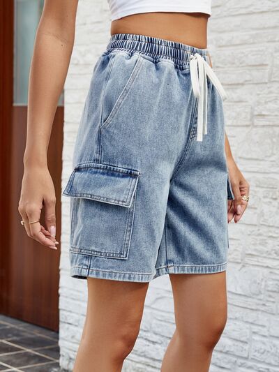 Drawstring Denim Shorts with Pockets