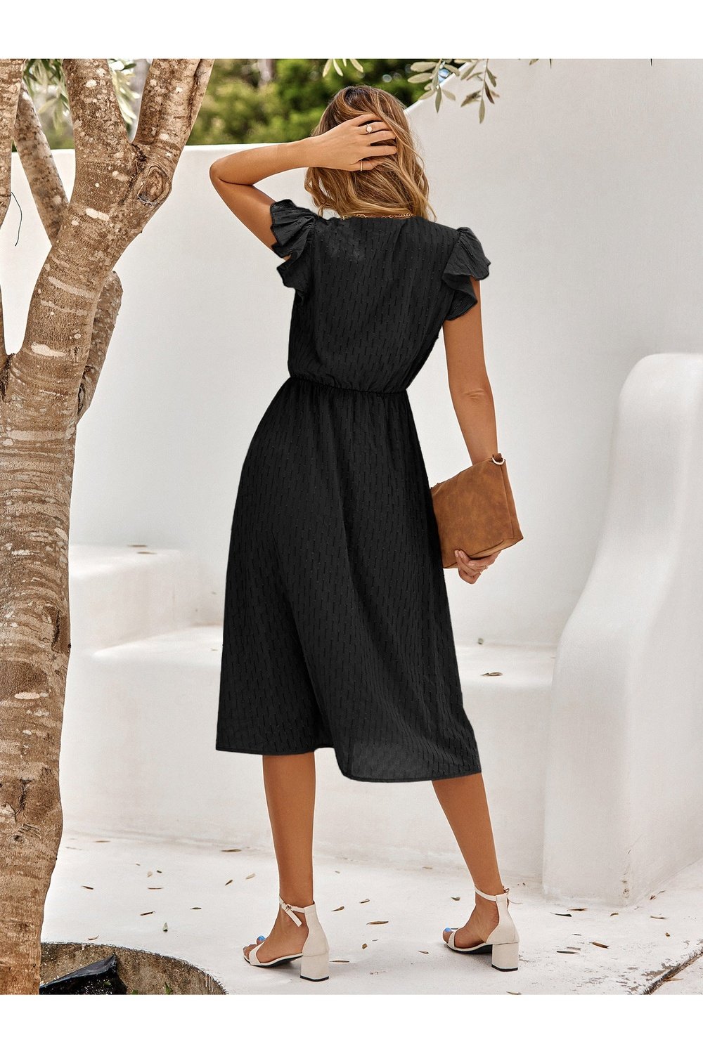 V-Neck Flutter Sleeve Midi Dress