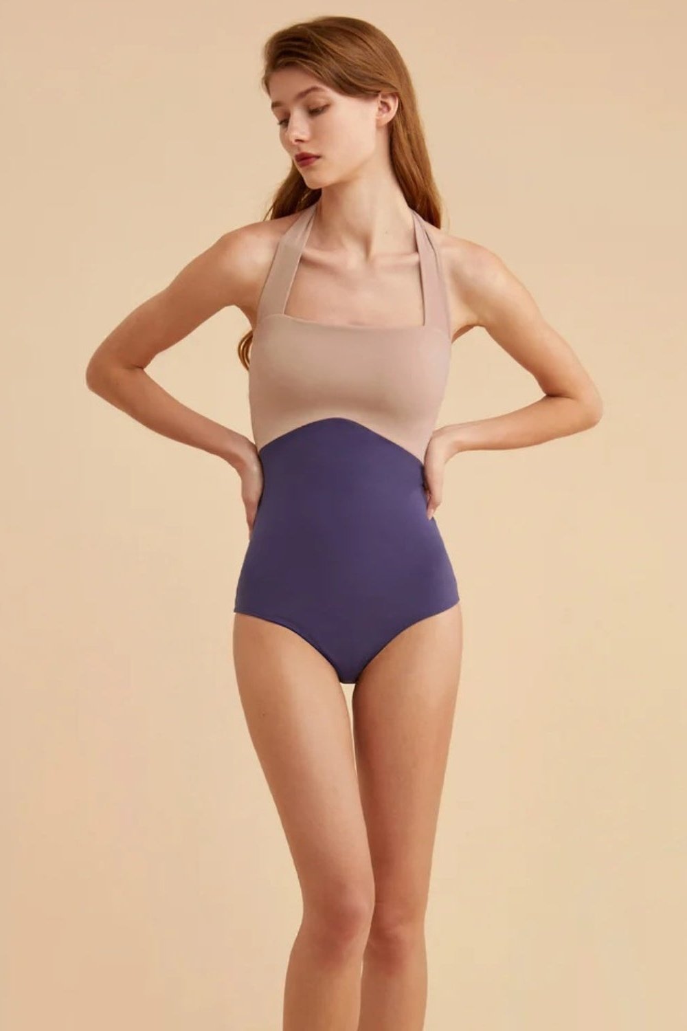 Contrast Halter Neck One-Piece Swimwear