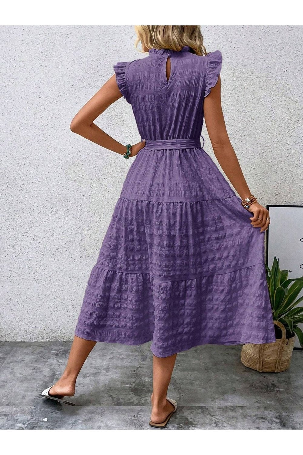 Tied Ruffled Cap Sleeve Midi Dress