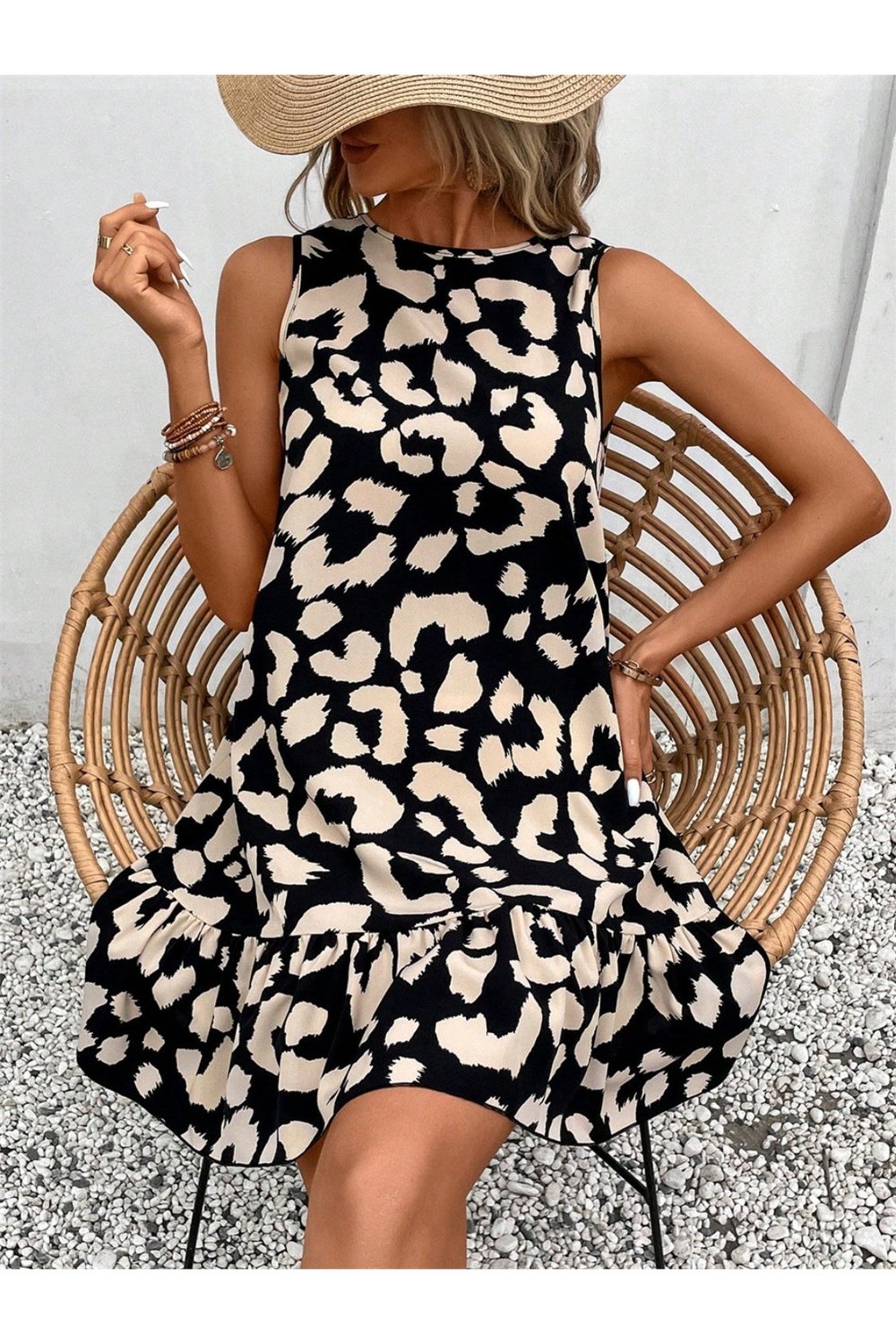 Tied Leopard Round Neck Tank Dress