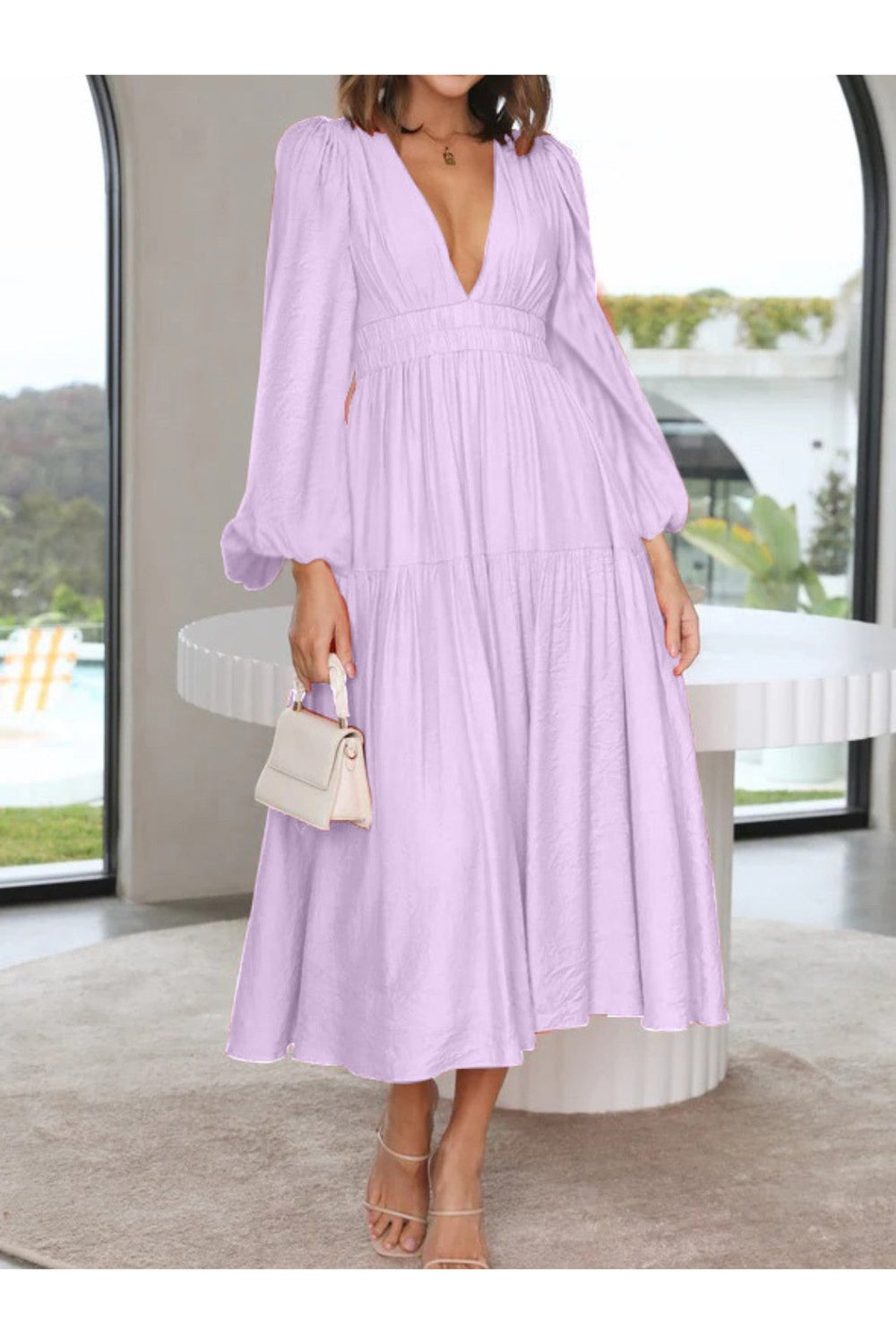 Deep V-Neck Balloon Sleeve Plain Maxi Dress