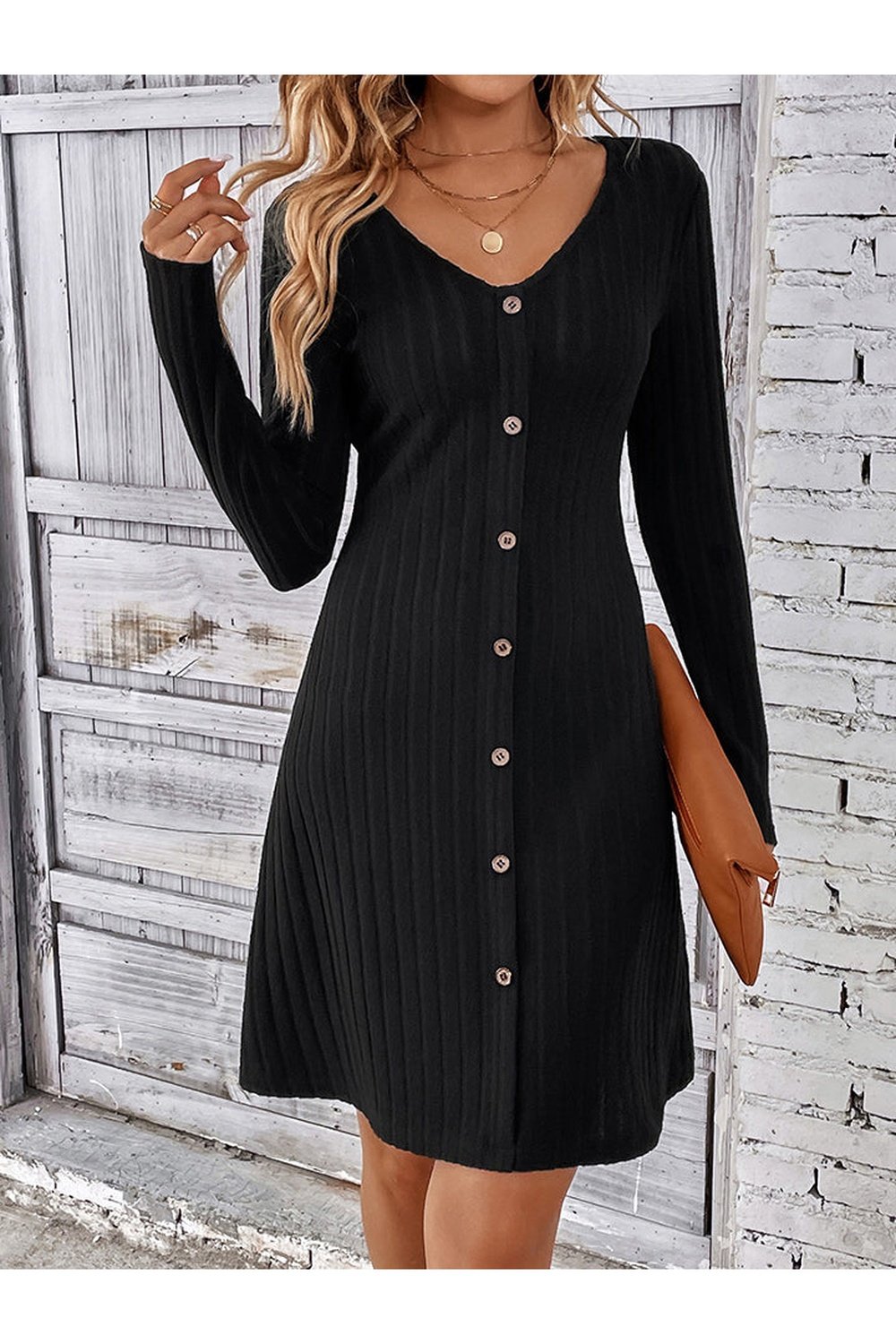 V-Neck Long Sleeve Mini Dress