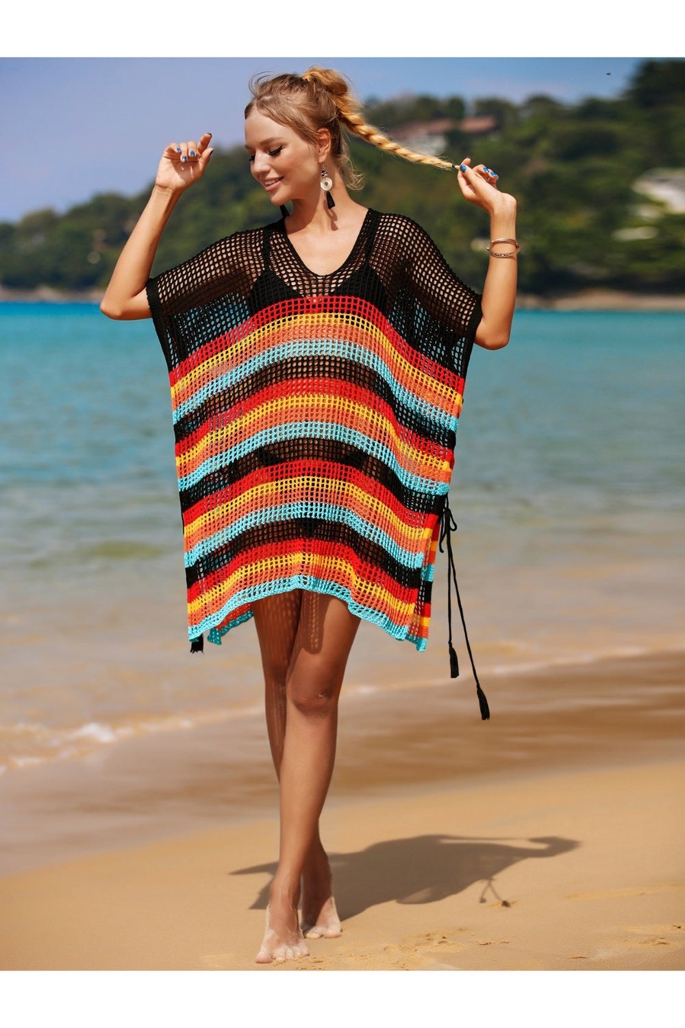 Cutout Striped Cover-Up with Tassel