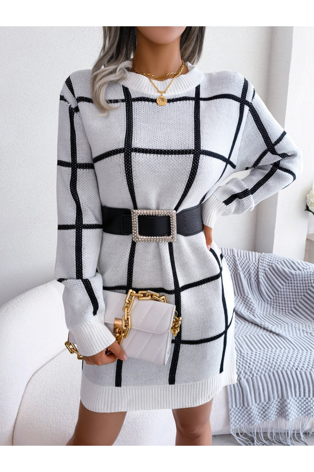 Plaid Round Neck Dropped Shoulder Sweater Dress