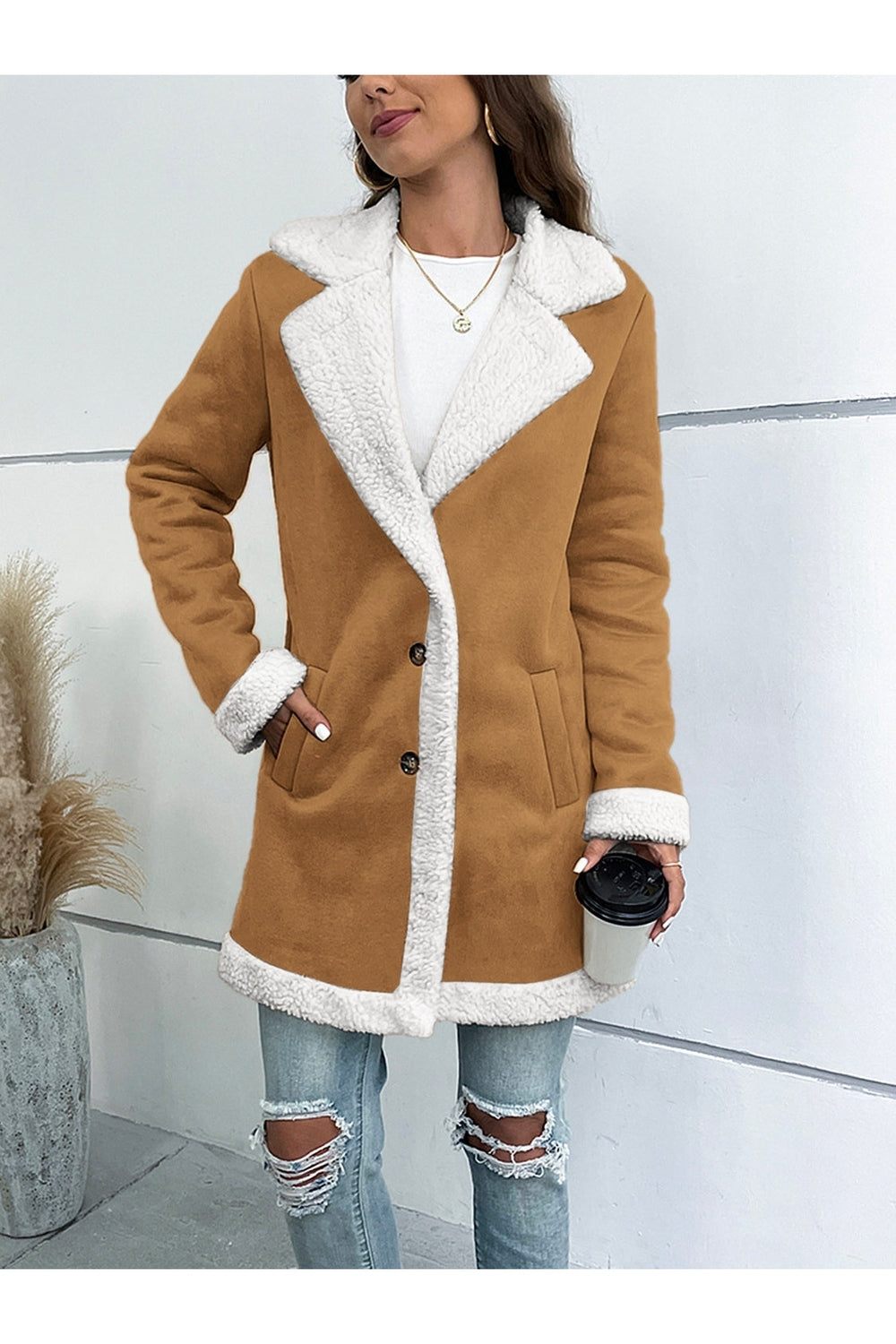 Contrast Button Up Lapel Collar Long Sleeve Coat