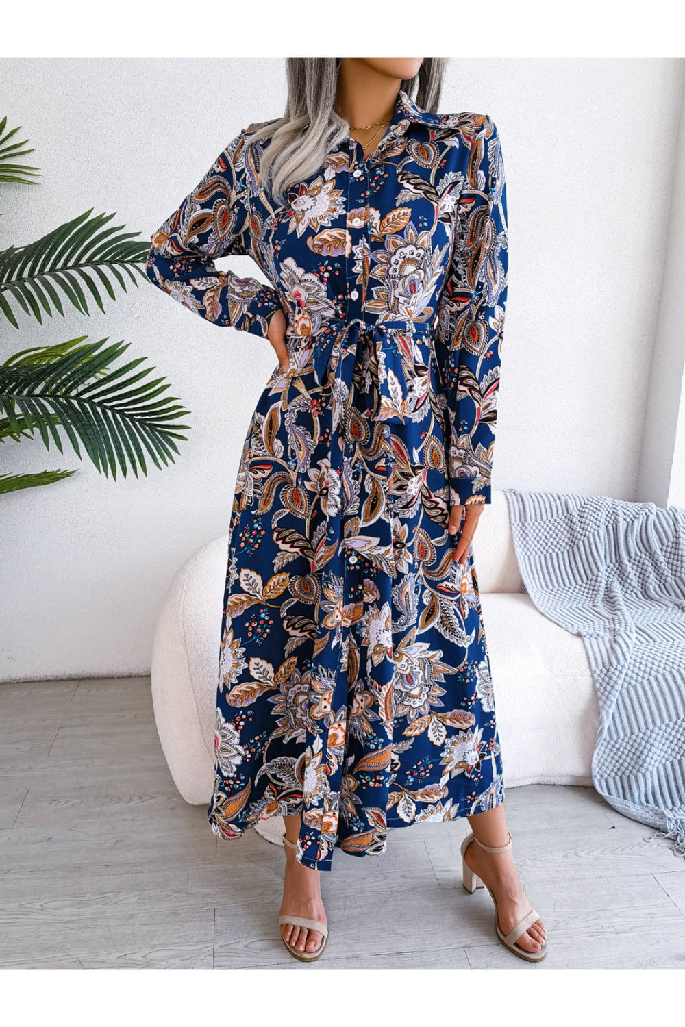 Tied Printed Long Sleeve Midi Dress