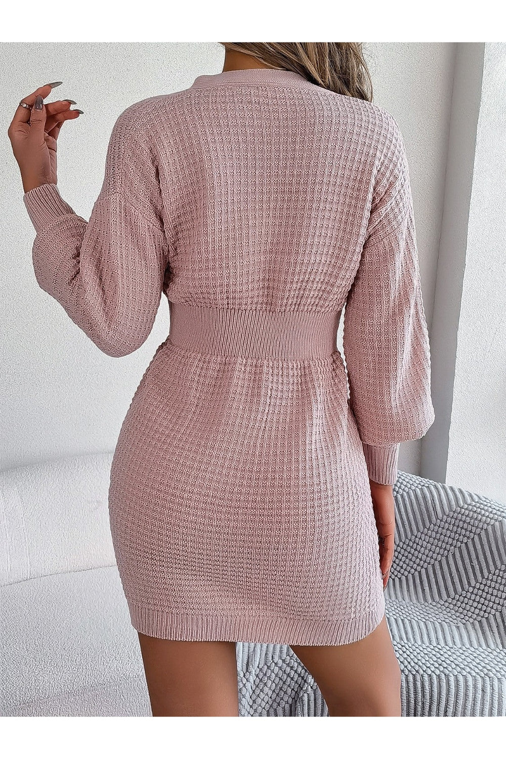 Buttoned Cable-Knit V-Neck Sweater Dress