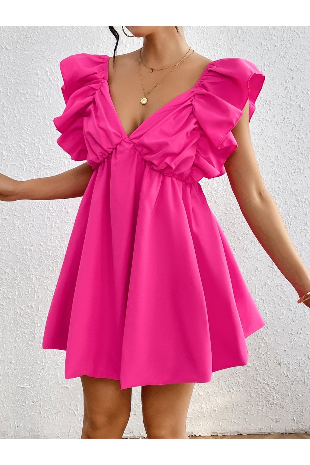 Ruffled V-Neck Cap Sleeve Mini Dress