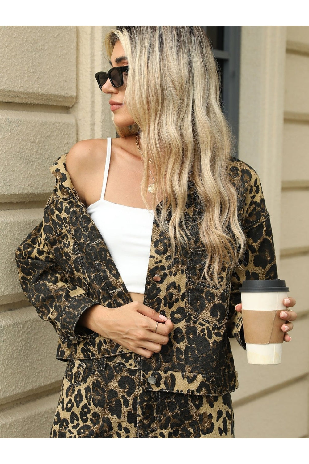 Pocketed Leopard Long Sleeve Denim Jacket