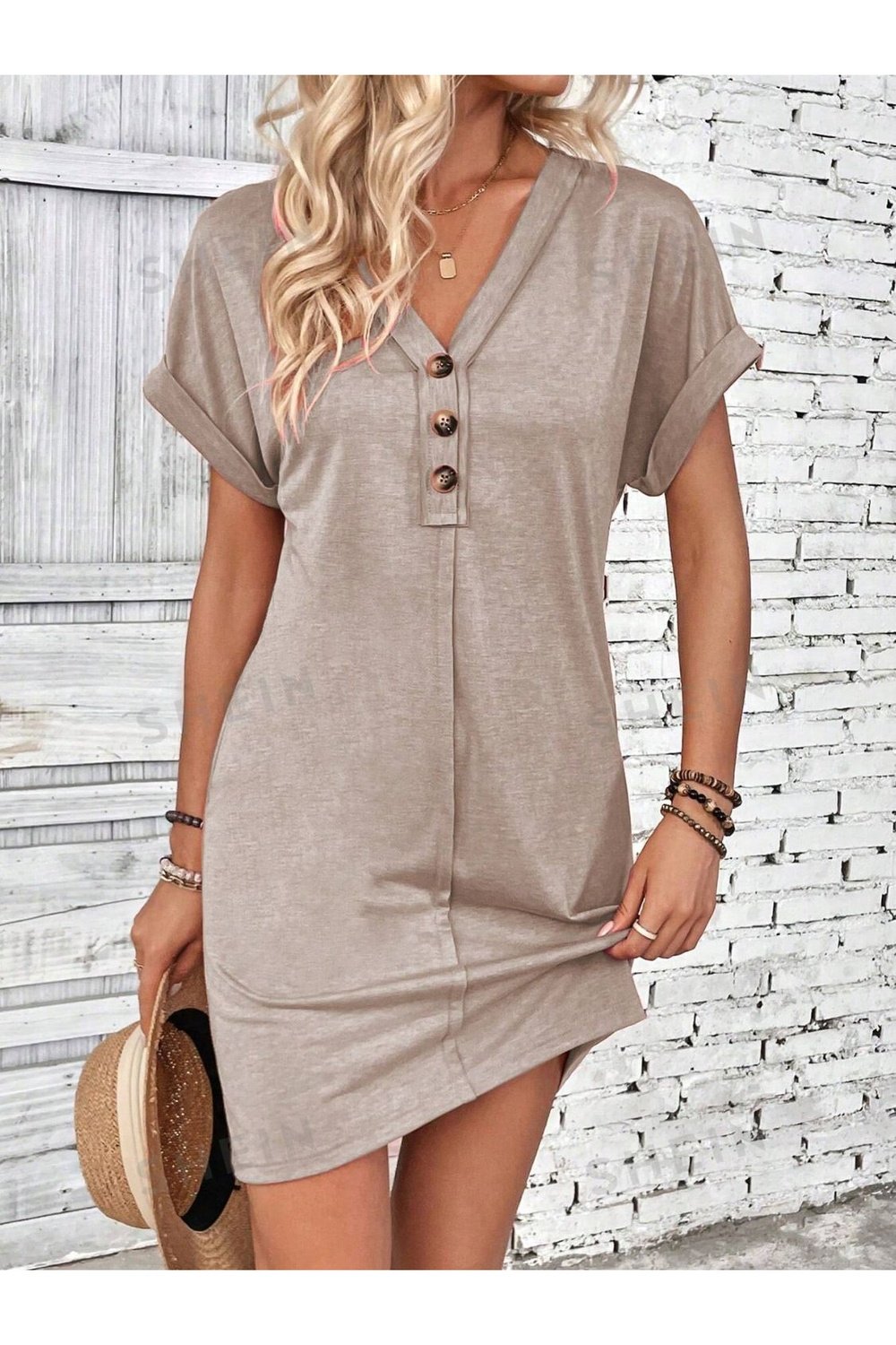 Quarter Button V-Neck Short Sleeve Dress